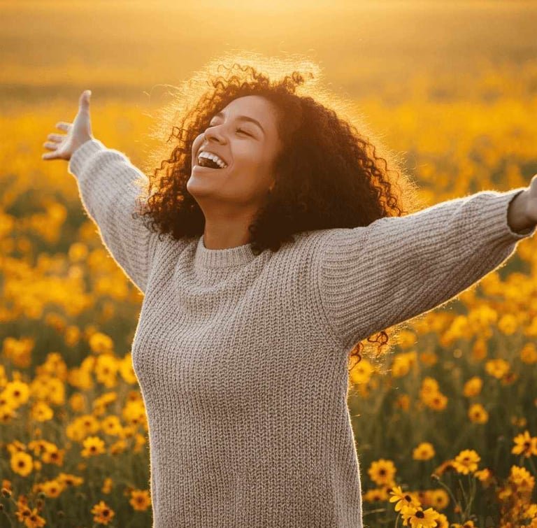 Pessoa sorrindo em um campo florido